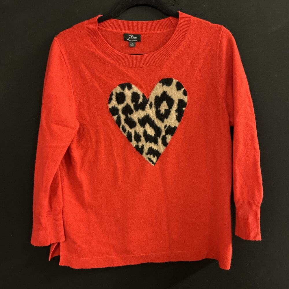 J Crew Sweater Womens XS Red Leopard Heart 100% Cashmere Crewneck Pullover